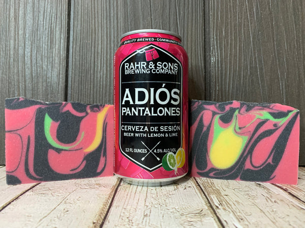 pink black green and yellow beer soap for her with activated charcoal champagne extract beer soap made with adios pantalones cerveza de sesion texas craft beer from rahr and sons brewing texas craft beer soaps by spunkndisorderly.com