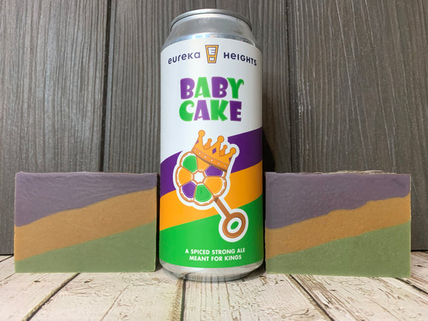purple gold and green beer soap handcrafted in texas with baby cake spiced strong ale from eureka heights brewing company texas craft beer soap by spunkndisorderly beer soaps spunkndisorderly.com king cake inspired beer soap