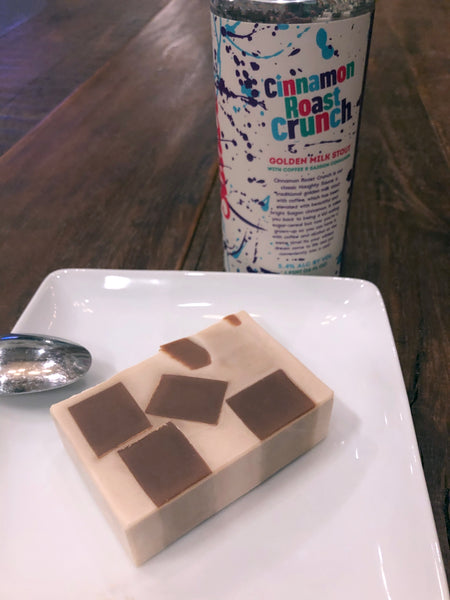 Cinnamon Toast Crunch inspired beer soap handmade with cinnamon roast crunch golden milk stout California craft beer from noble ale works Anaheim California craft brewery white beer soap with brown cereal squares cinnamon beer soap cold process soap by spunkndisorderly craft beer soaps