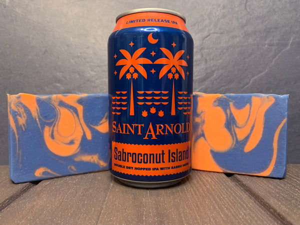 texas beer soap made in texas with Sabroconut Island double dry hopped ipa with saber hops limited release ipa from saint Arnold brewing company Houston texas brewery orange and blue beer soap for him beer soap for sale spunkndisorderly craft beer soap texas beer soap for sale