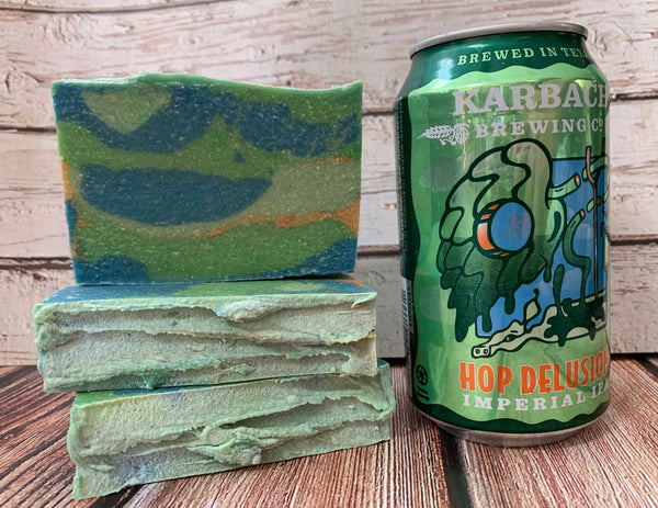 green blue and orange beer soap handmade in texas with hop delusion OG imperial IPA from karbach brewing company texas brewery spunkndisorderly craft beer soaps beer soap for him