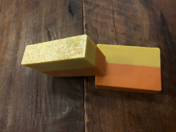 yellow and orange craft beer soap handmade in indiana with gold dipped peach rings slushy xxl beer from 450 north brewing company peach scented soap spunkndisorderly