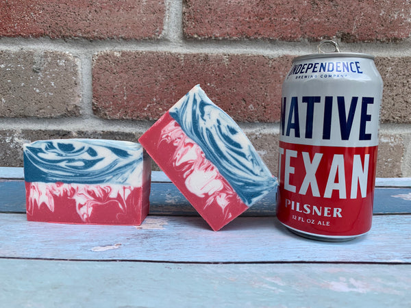 craft beer soap handmade in texas with native texan pilsner beer from independence brewing company red white and blue beer soap spunkndisorderly unique texas gift texas lover