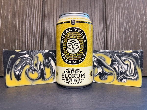 texas beer soap handmade in texas with local yella cream ale texas craft beer from pappy slokum brewing co Abilene texas craft brewery yellow white and black beer soap with activated charcoal cold process beer soap handmade in texas spunkndisorderly beer soap