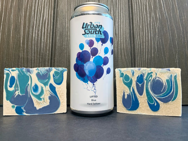 texas seltzer soap handmade in texas with lifted blue hard seltzer rom urban south brewery htx Houston texas craft brewery white and blue seltzer soap for him spunkndisorderly artisan soap handmade in texas blue and white swirl soap