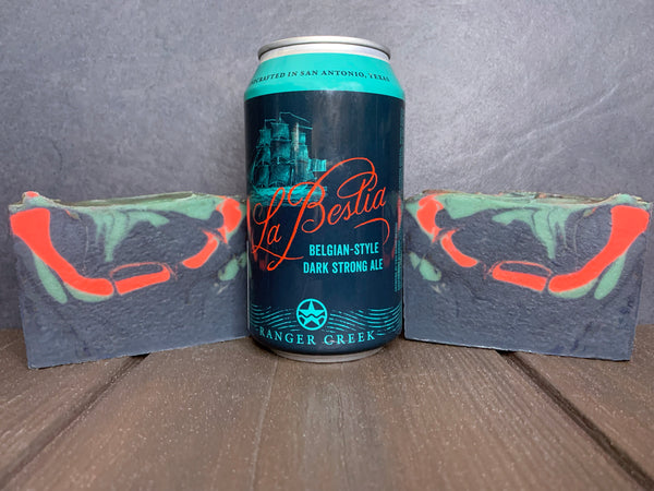 Texas beer soap handmade with la bestia aimable dark ale texas craft beer from ranger creek brewing and distilling texas craft brewery in San Antonio texas navy teal and orange beer soap for him coffee beer soap handmade in texas by spunkndisorderly craft beer soaps