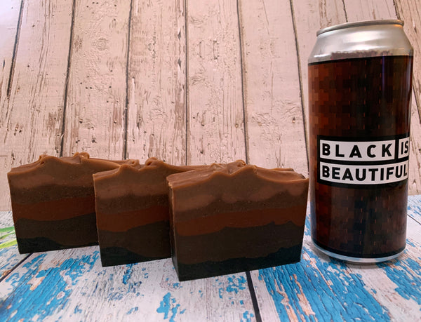 craft beer soap handmade in texas with black is beautiful imperial stout from Spindletap Brewery houston texas craft brewery soap with coffee seed oil