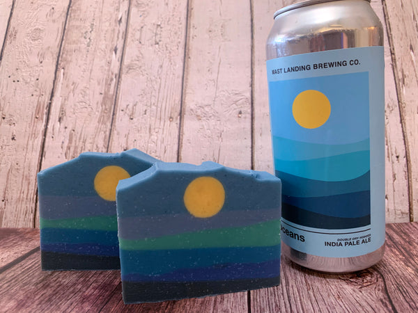 handmade craft beer soap made with oceans ipa from mast landing brewing co Westbrook Maine craft brewery ocean beer soap spunkndisorderly craft beer soap blue ocean waves soap beer soap