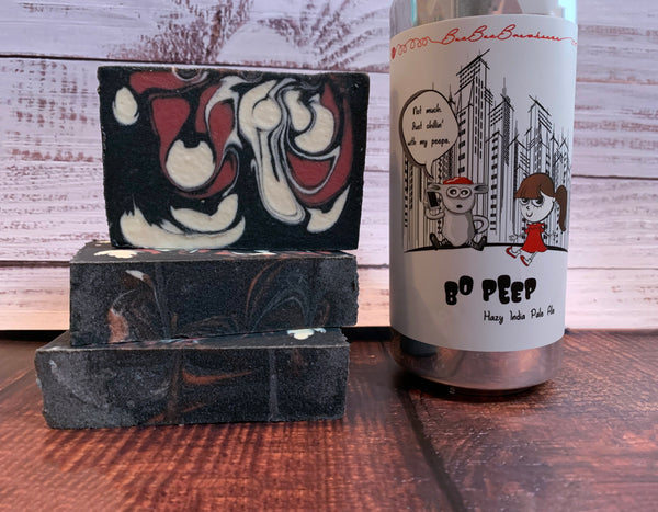 craft beer soap for her handmade in texas with bo peep beer from baa baa brewhouse houston texas craft brewery hazy India pale ale beer red black and white soap with activated charcoal