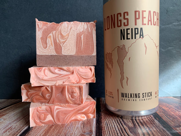 longs peach neipa craft beer soap handmade with craft beer from walking stick brewing company houston texas craft brewery peach beer soap exfoliating soap for him
