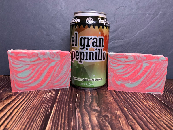 striped craft beer soap handmade in texas with el gran pepinillo lager with pickles and peppers from HopFusion Ale Works Fort Worth texas craft brewery spunkndisorderly craft beer soaps