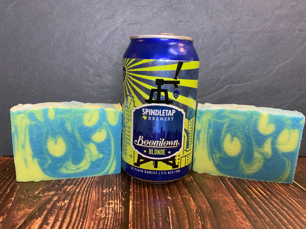blue and yellow craft beer soap handmade in texas with boomtown blonde ale craft beer from Spindletap Brewery houston texas craft brewery spunkndisorderly