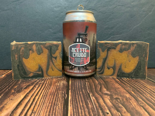 craft beer soap handmade in texas with Aceite Crudo Russian imperial stout from Spindletap Brewery houston texas craft brewery craft beer soap for him with activated charcoal