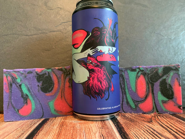 purple pink teal black craft beer soap for her handmade with devour me ipa from anchorage brewing company anchorage Alaska craft brewery tropical beer soap spunkndisorderly