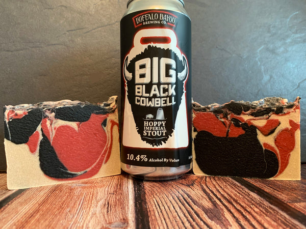 red white and black craft beer soap handmade in texas with big black cowbell hoppy imperial stout from buffalo bayou brewing co houston texas craft brewery craft beer soap for him with activated charcoal spunkndisorderly craft beer soap