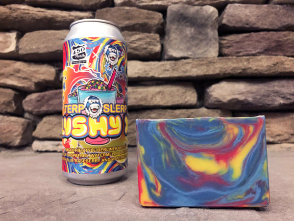 Indiana beer soap handmade with terp slerp slushy xl smoothie style Berliner weisse craft beer from 450 north brewing company Columbus Indiana craft brewery in collaboration with terp slerp craft beer soap red yellow blue swirl cold process soap spunkndisorderly craft beer soap Indiana beer soap