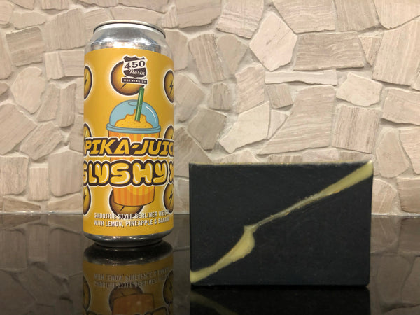 Indiana beer soap for him handmade in Indiana with pika-juice slushy xl 450 north brewing company pikachu inspired beer soap Pokemon inspired soap for him with activated charcoal spunkndisorderly
