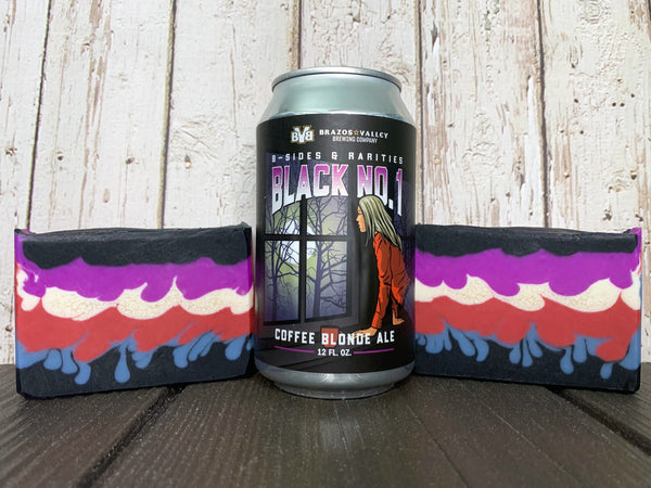 texas beer soap for him handcrafted in texas with B-Sides & Rarities: Black No. 1 coffee blonde ale from brazos valley brewing company brenham texas brewery beer soap with activated charcoal craft beer soap by spunkndisorderly soaps black blue red white purple cold process beer soap