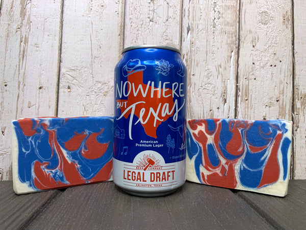 red white and blue beer soap handmade in texas with texas beer from legal draft beer company Arlington texas brewery nowhere but texas lager cold process beer soap for sale patriotic beer soap by spunkndisorderly craft beer soap