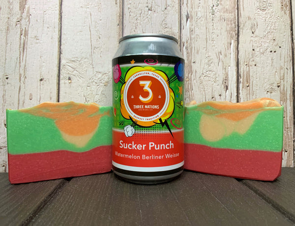 texas beer soap handcrafted in texas with sucker punch watermelon Berliner weisse texas craft beer from 3 nations brewing co three nations brewing co Carrollton texas brewery red green orange and tan beer watermelon beer soap handmade by spunkndisorderly craft beer soap for sale