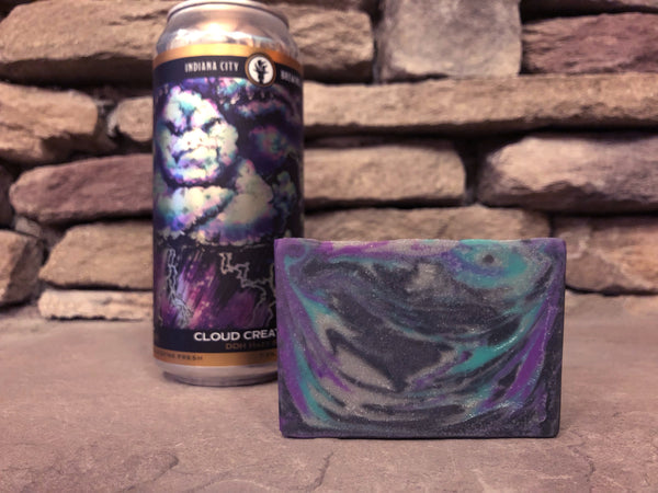 Indiana beer soap handcrafted in Indiana with cloud creatures ddh hazy ipa from Indiana city brewing company Indianapolis brewery beer soap with activated charcoal black silver purple and teal beer soap handmade in Indiana by spunkndisorderly craft beer soaps