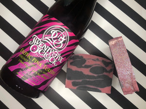 black and pink striped beer soap for her with activated charcoal and exotic pink tuxedo Illinois craft beer from twenty-five oclock brewing company Illinois craft beer soap by spunkndisorderly beer soaps spunkndisorderly.com