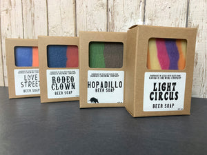 Texas beer soaps handcrafted with Texas beer from Karbach Brewing Company by spunkndisorderly beer soaps love street beer soap, rodeo clown beer soap, hopadillo beer soap, light circus beer soap