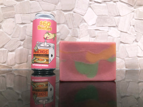 pink green and orange beer soap made with $60 nachos dipa from hoof hearted brewing Ohio beer soap by spunkndisorderly craft beer soaps spunkndisorderly.com
