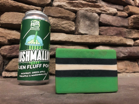 Alien fluff pops slushmallow beer soap with activated charcoal green white and black beer soap by spunkndisorderly craft beer soaps spunkndisorderly.com