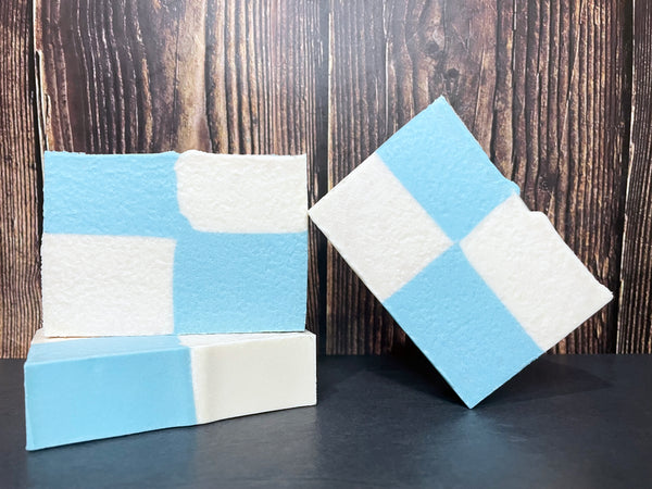 white and light blue checkered beer soap for him by spunk n disorderly beer soaps