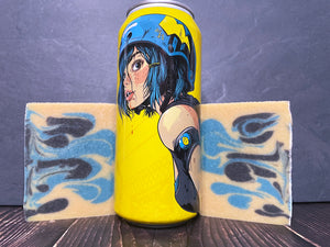 Martin house brewing company electric lemonade beer Can with anime-style artwork between two bars of beer soap on a dark surface with a stone background