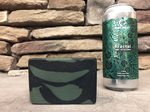 fractal hbc 472 citra IPA beer soap by spunkndisorderly beer soaps handmade with New York beer from equilibrium brewery forest green and black beer soap for him with activated charcoal