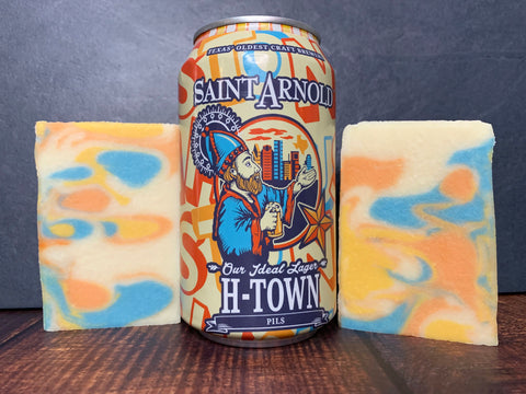 cream orange blue yellow swirl soap made with h-town pils from saint Arnold brewing company beer soap by spunkndisorderly craft beer soaps