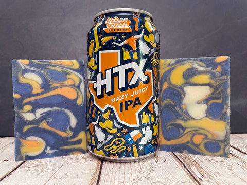 navy orange white yellow swirl beer soap made with htx hazy juicy ipa from urban south brewery beer soap by spunkndisorderly craft beer soaps