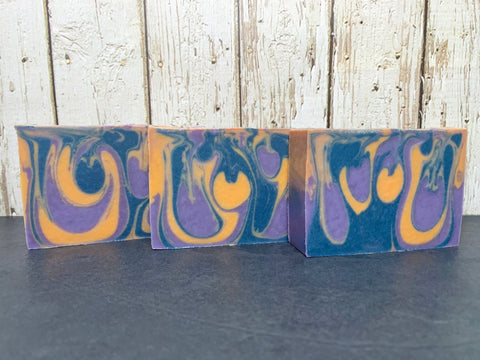 orange purple blue beer soap made with laaaid back west coast style ipa from holler brewing co texas craft beer soap by spunkndisorderly beer soaps spunkndisorderly.com