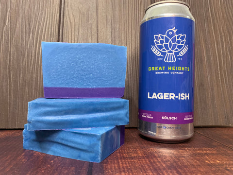 blue and purple beer soap handmade in texas with lager-ish lagerish kolsch from great heights brewing company texas craft beer soap by spunkndisorderly craft beer soap for him