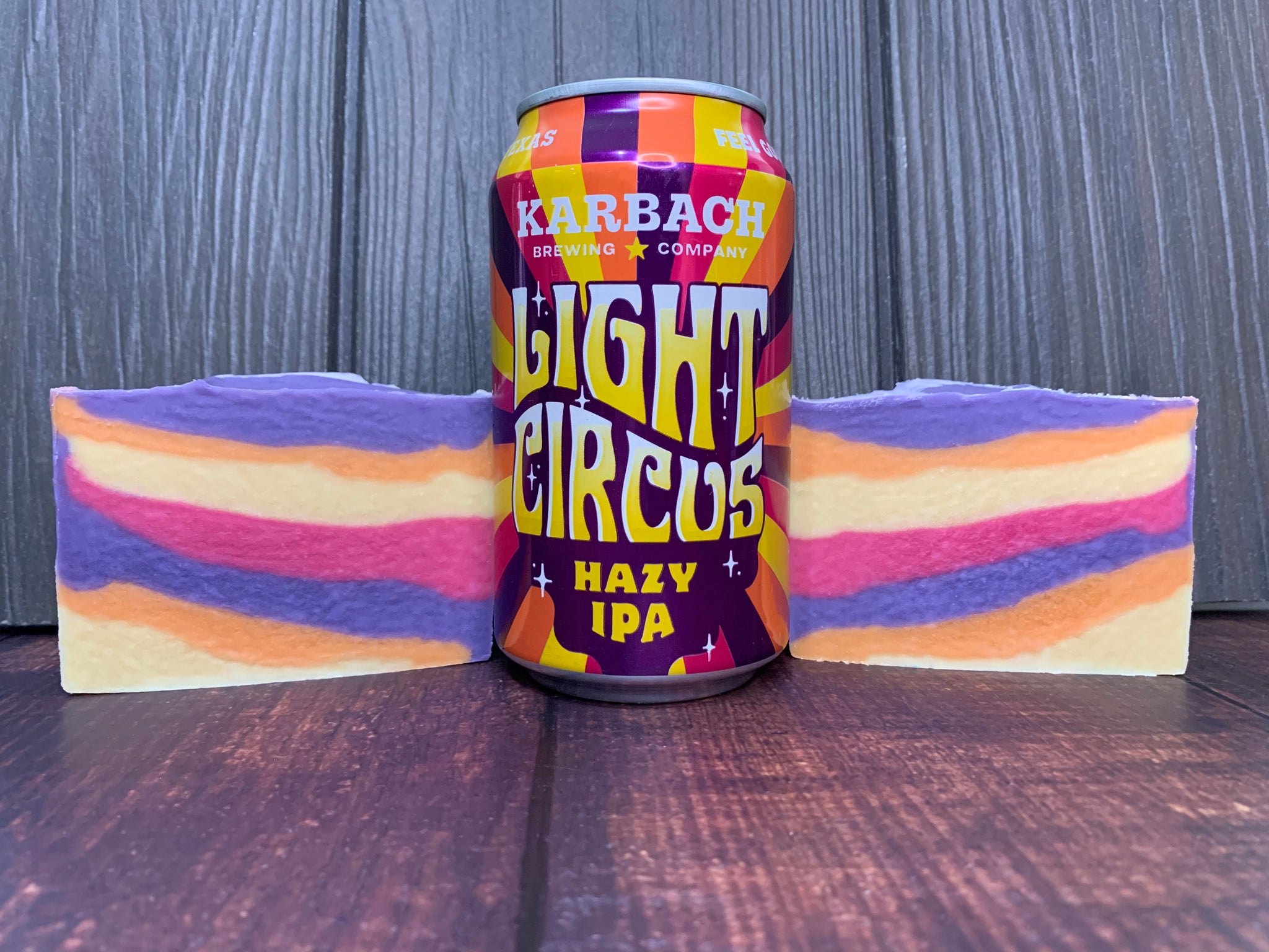 texas beer soap handmade with texas beer light circus hazy ipa Karbach Brewing Company yellow purple pink and orange striped beer soap by spunkndisorderly.com