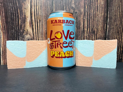 blue and orange checkered love street peach beer soap made with love street peach fruited blonde ale from Karbach Brewing Company beer soap by spunkndisorderly beer soaps