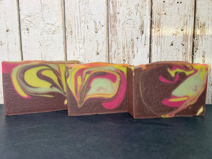 swirled maroon yellow and pink seltzer soap made with champagne showers hard seltzer from Urban South Brewery HTX beer soap by spunkndisorderly craft beer soaps
