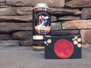 space themed beer soap with activated charcoal and nebulas hazy ipa from flix brewhouse Carmel craft beer soap by spunkndisorderly beer soaps spunkndisorderly.com