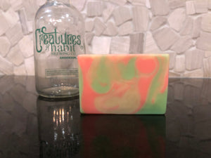 green peach and yellow swirl beer soap made with peach New England India pale ale from creatures of habit brewing co. beer soap by spunkndisorderly craft beer soaps