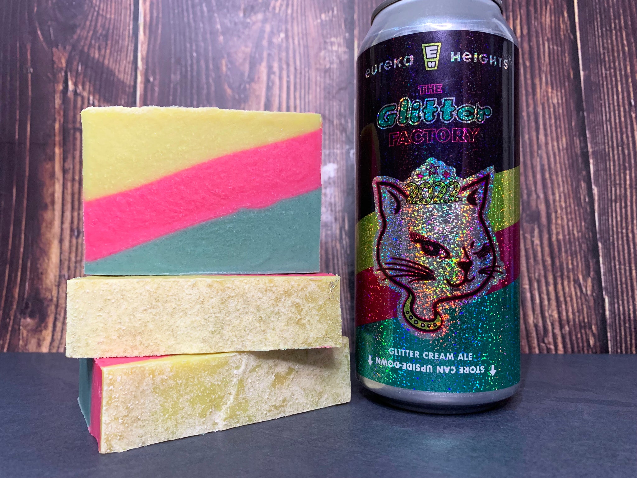yellow pink and teal layered beer soap handcrafted with glitter factory glitter cream ale from eureka heights brewing company texas beer soap by spunkndisorderly craft beer soaps spunkndisorderly.com