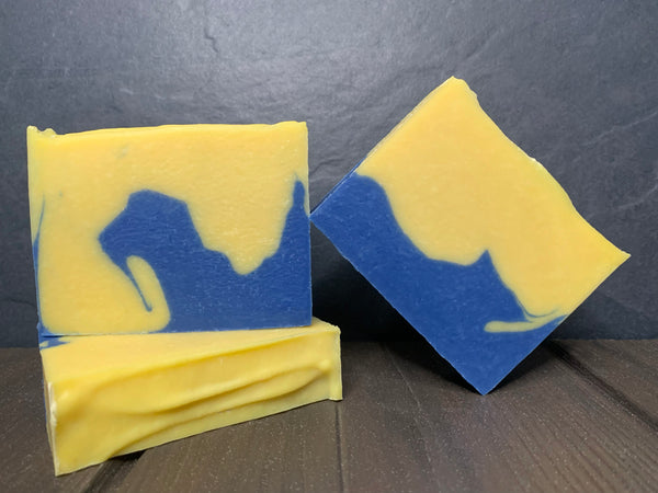yellow and blue beer soap for her handmade in texas by texans with the salty lady gose from Martin house brewing company Fort Worth texas brewery yellow and blue beer soap by spunkndisorderly craft beer soaps 
