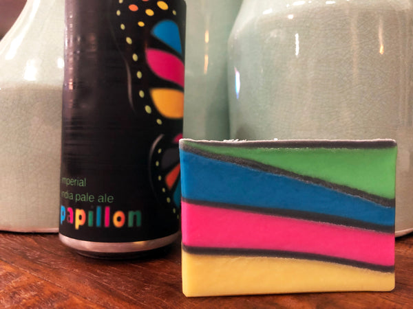 California beer soap made with California craft beer from moonraker brewing co auburn California craft brewery imperial IPA craft beer soap for her with activated charcoal yellow pink blue green handmade soap spunkndisorderly craft beer soaps