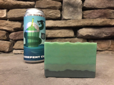 Indiana beer soap handmade in Indiana with sea serpent cup craft beer from 450 north brewing company Columbus Indiana craft brewery green sea themed beer soap for him with activated charcoal  by spunkndisorderly