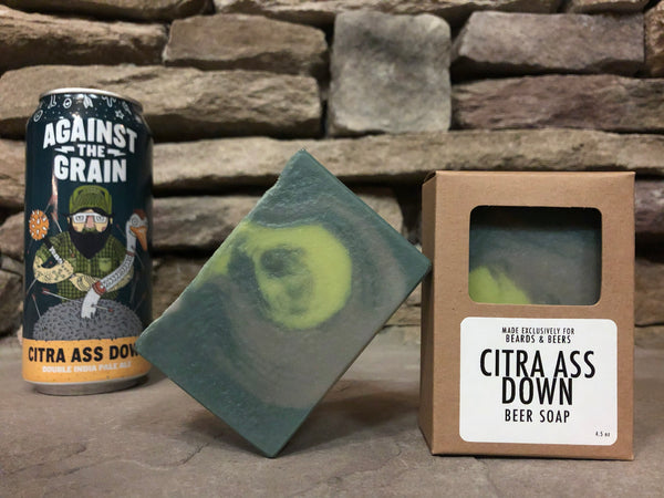 Kentucky craft beer soap handmade by spunkndisorderly craft beer soaps for beards and beers barbershop beardsandbeers.com teal grey and green beer soap for him with activated charcoal exclusive beer soap handcrafted with Citra ass down dipa from against the grain brewery 
