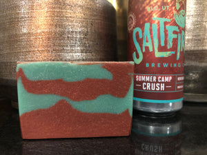 Utah beer soap handmade by spunkndisorderly craft beer soaps with summer camp crush NEIPA New England India pale ale from saltfire brewing co. south salt lake Utah brewery maroon and teal beer soap artisan soap