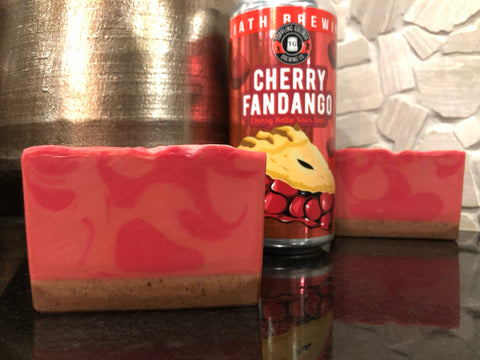 Iowa beer soap handmade with cherry fandango cherry kettle sour beer from toppling Goliath brewing co Decorah Iowa craft brewery cherry pie beer soap red soap with brown layer containing apricot seed powder artisan soap by spunkndisorderly craft beer soaps 