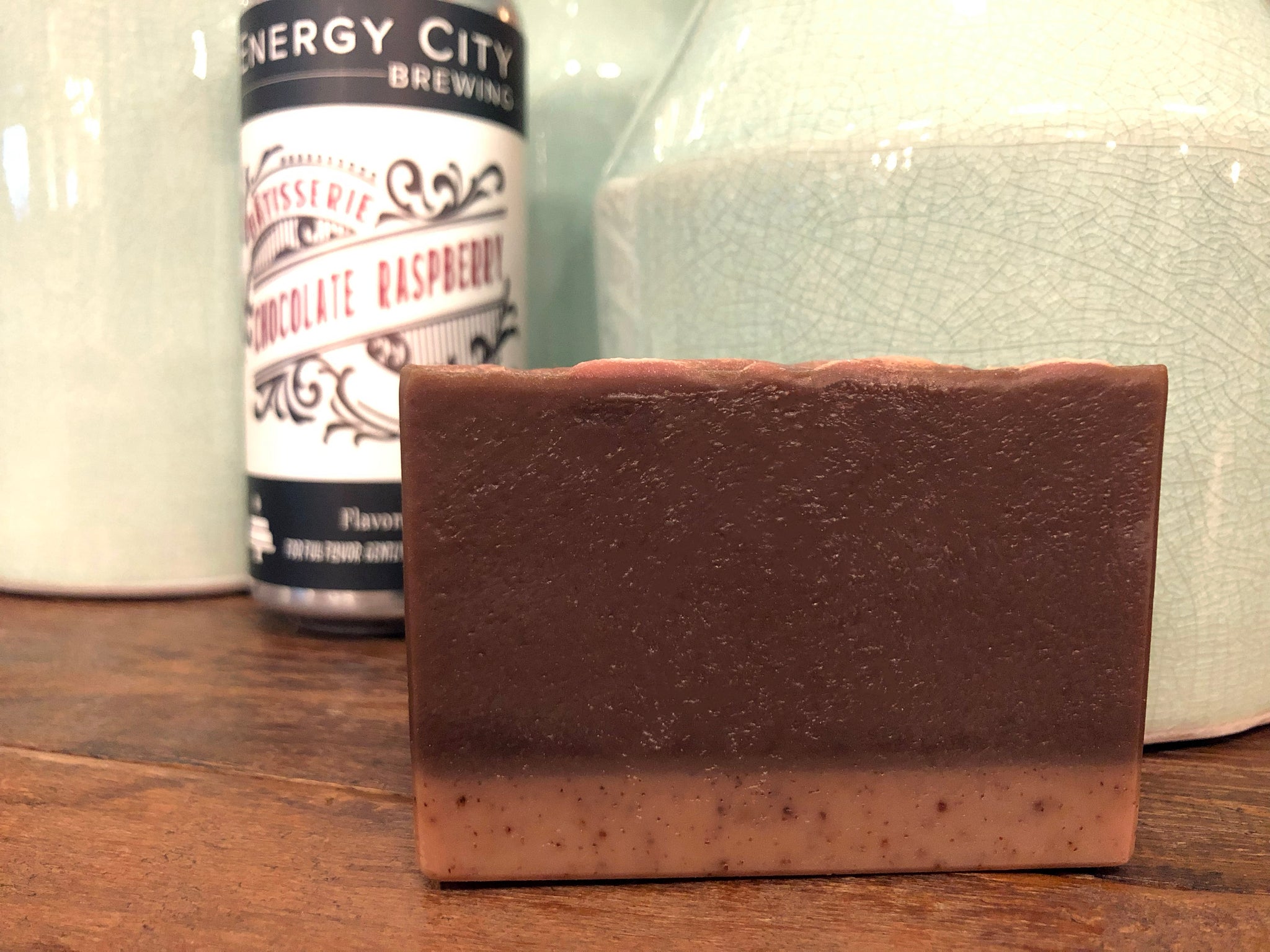 Illinois craft beer soap handmade with Bâtisserie Chocolate Raspberry Tart craft stout beer from energy city brewing Illinois craft brewery chocolate raspberry beer soap by spunkndisorderly craft beer exfoliating beer soap for him chocolate raspberry tart inspired soap with apricot seed powder 