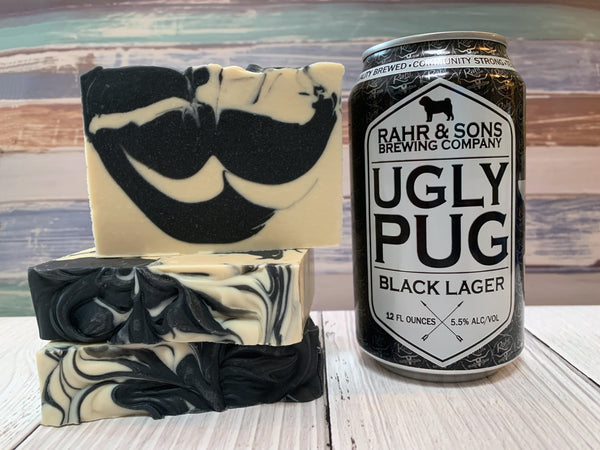 white and black craft beer soap for him with activated charcoal craft beer soap handmade in texas with ugly pug black lager from Rahr & Sons Brewing Company spunkndisorderly handmade soap